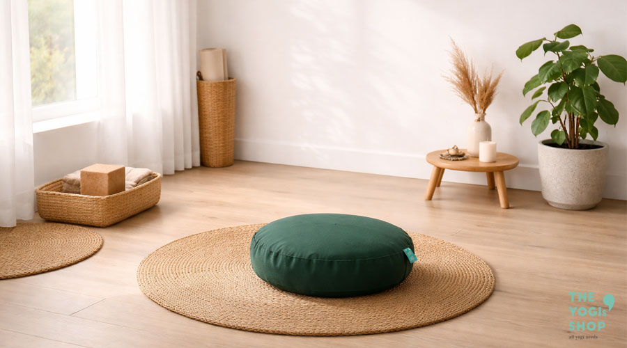 Góc thiền buổi sáng với bồ đoàn thiền trong không gian yên tĩnh