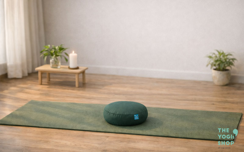 Góc yoga tại nhà đơn giản với thảm và bồ đoàn tạo không gian tĩnh và dễ duy trì thói quen