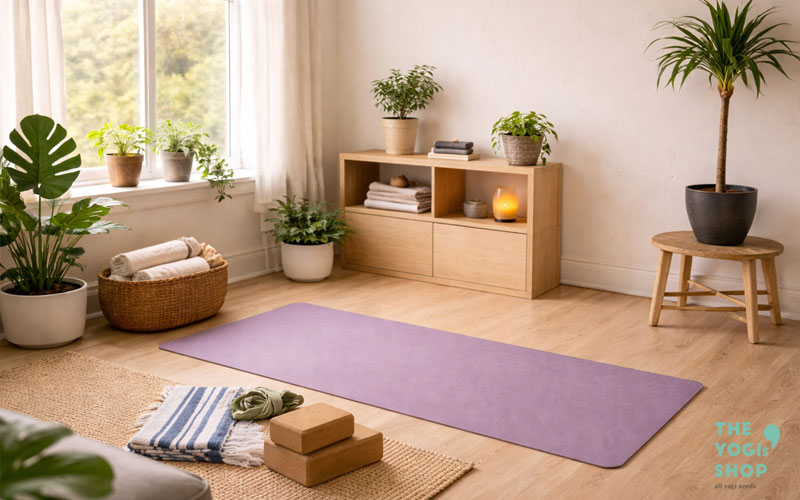 Chi tiết cây xanh trong góc yoga tại nhà giúp không gian trở nên thư giãn và gần gũi thiên nhiên
