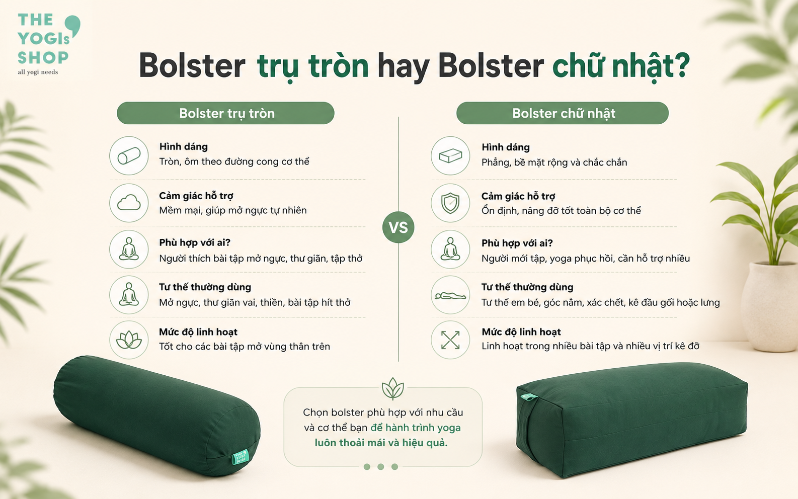 sự khác nhau trong cách dùng của bolster trụ tròn và bolster chữ nhật